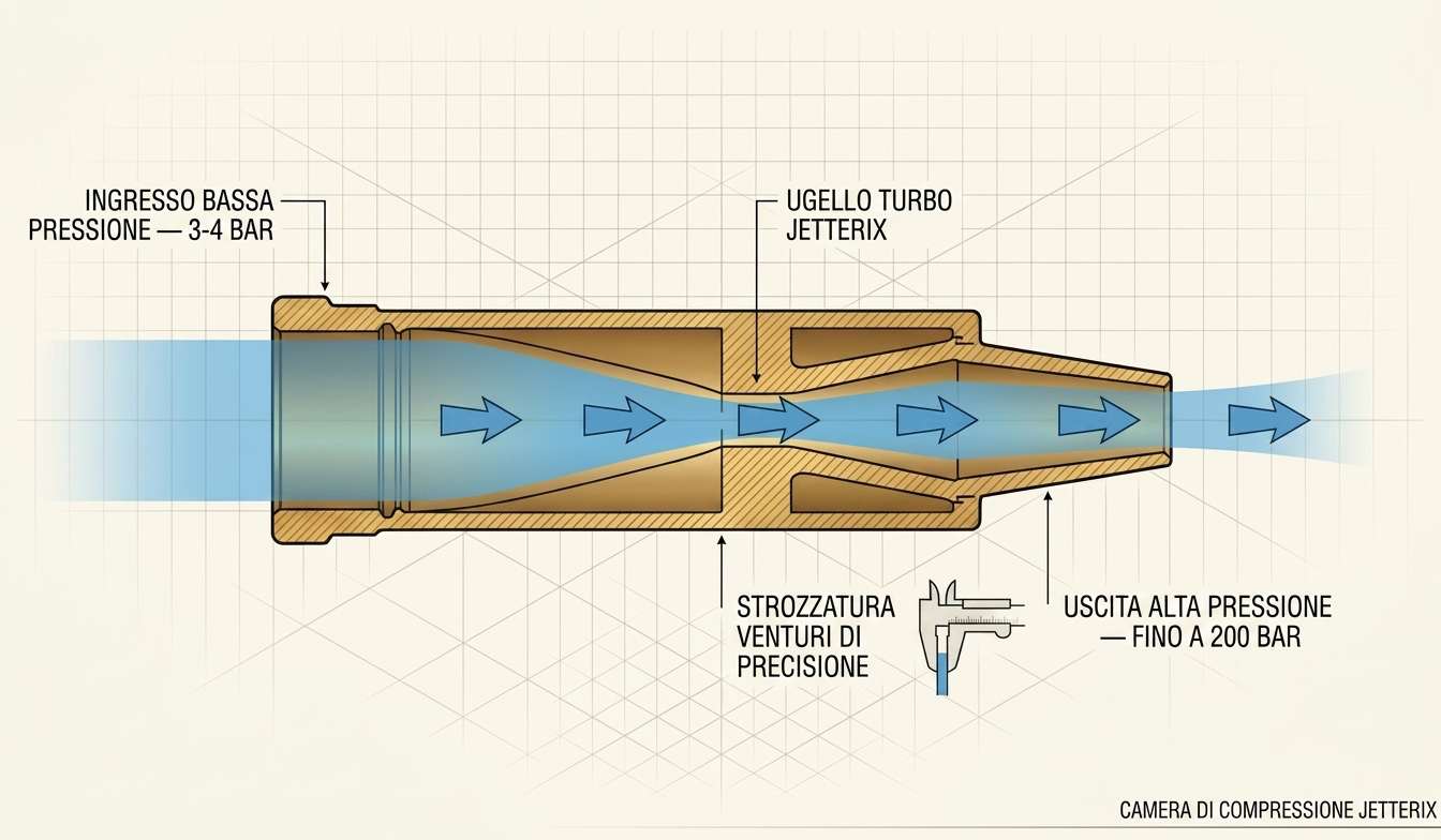 Schema della camera di compressione Jetterix Brave Seeker — sezione con ingresso a bassa pressione, strozzatura Venturi e uscita ad alta pressione